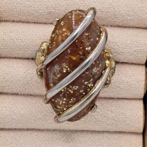 Vintage Wire Wrapped Amber Color  Abstract Statement Ring Size 4 Adjustable